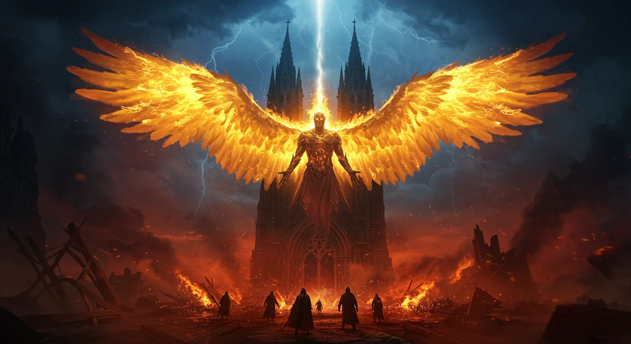 A celestial seraph rises over the ruins